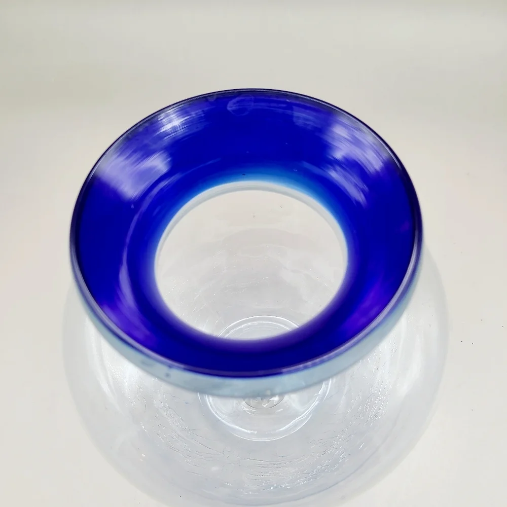 Clear Glass Vase with Cobalt Blue Rim & Handblown Crackled Bottom
